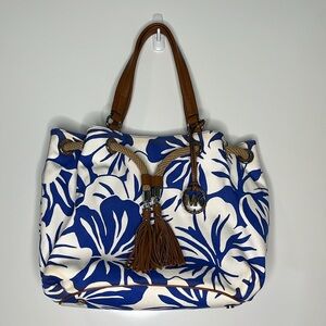 NWOT Michael Kors Blue White Floral Marina Canvas Rope Leather Drawstring Tote